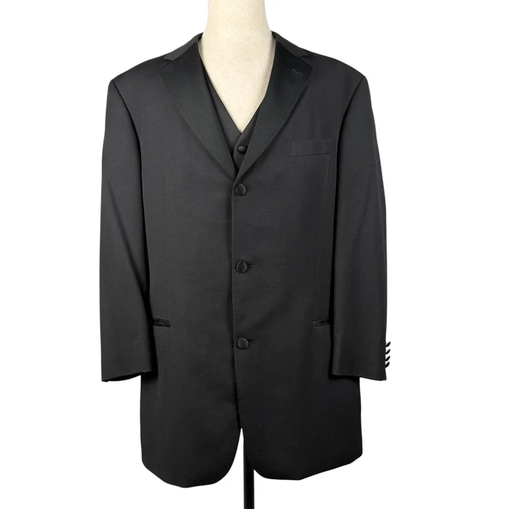 Hugo Boss 3-Piece Tuxedo Suit Mens 46L Black Wool Super 100s Formal USA